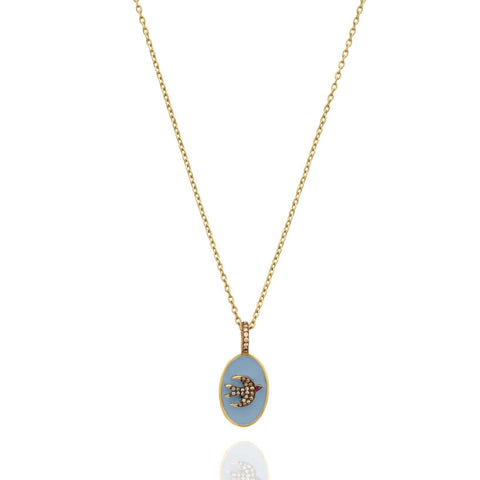 BLUE ENAMEL BIRD OVAL NECKLACE