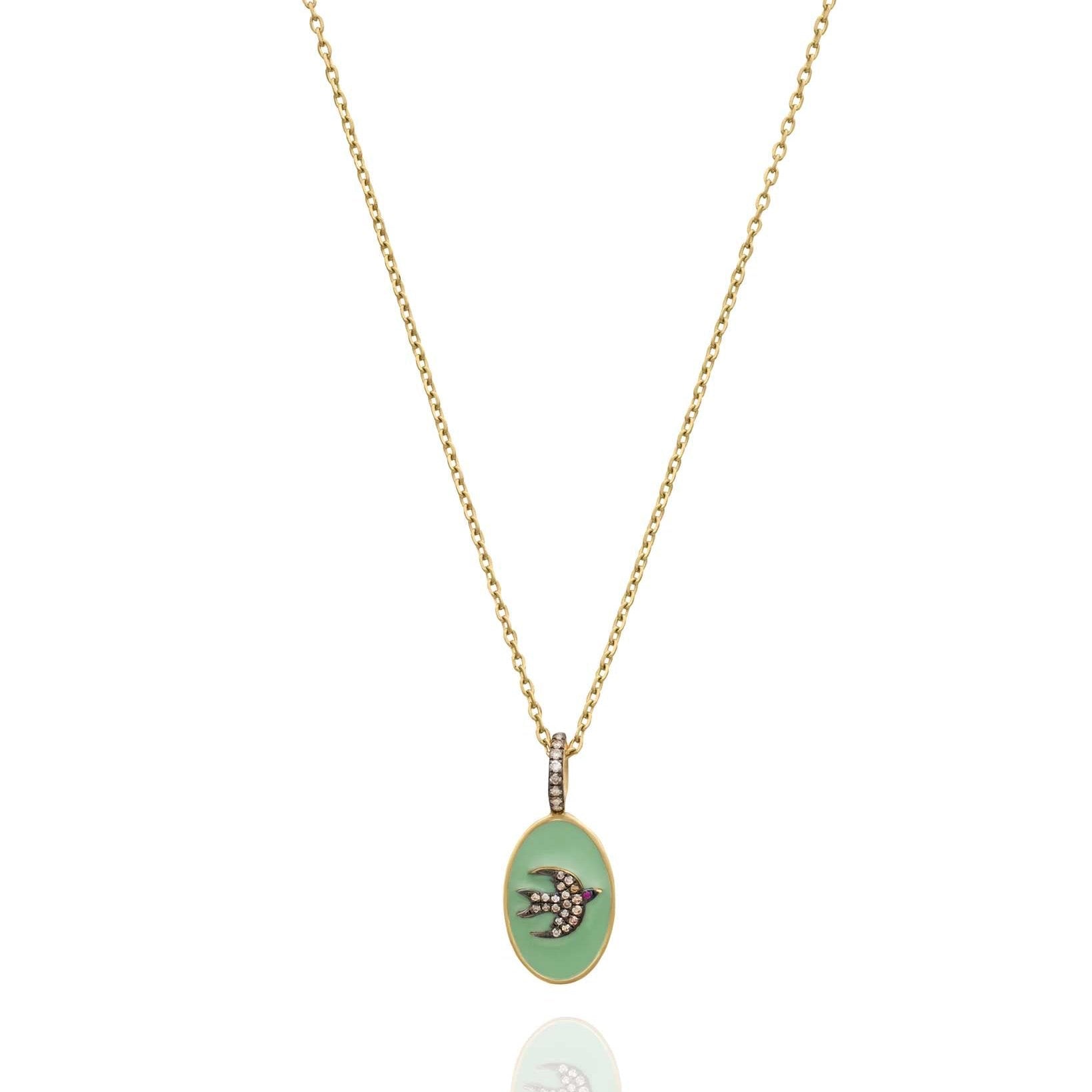 GREEN ENAMEL BIRD OVAL NECKLACE