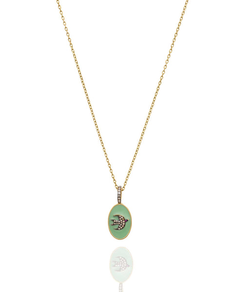 GREEN ENAMEL BIRD OVAL NECKLACE