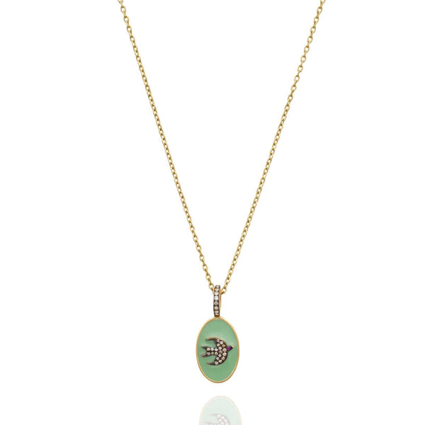 GREEN ENAMEL BIRD OVAL NECKLACE
