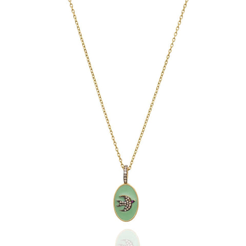 GREEN ENAMEL BIRD OVAL NECKLACE