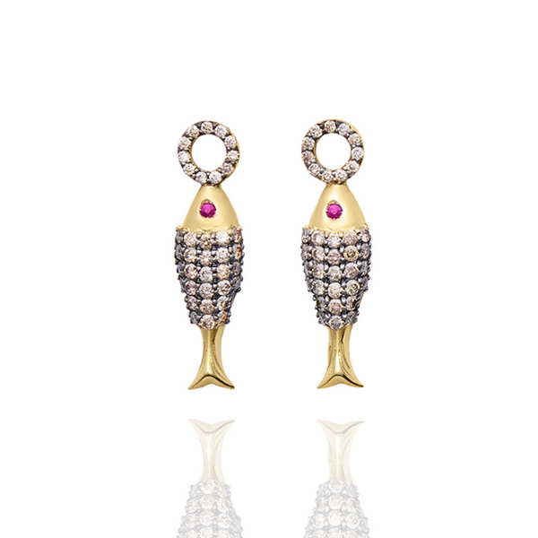 CHAMPAGNE DIAMOND HOOPS WITH CHAMPAGNE DIAMOND FISH EAR CHARM