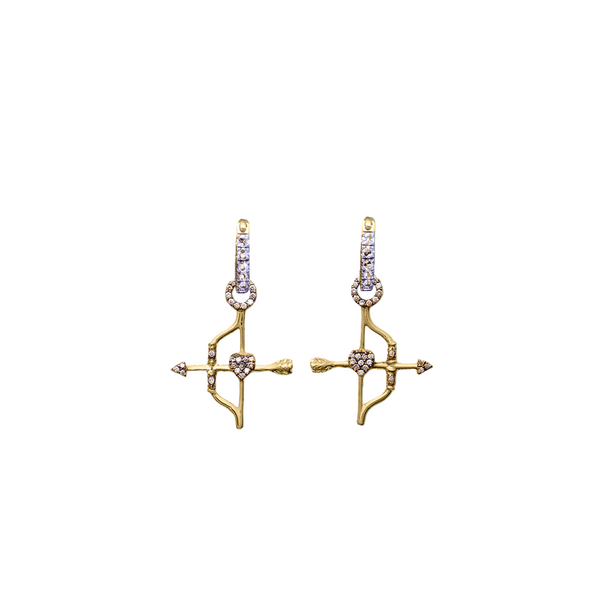 CHAMPAGNE DIAMOND HOOPS WITH DUEL OF HEARTS EAR CHARM