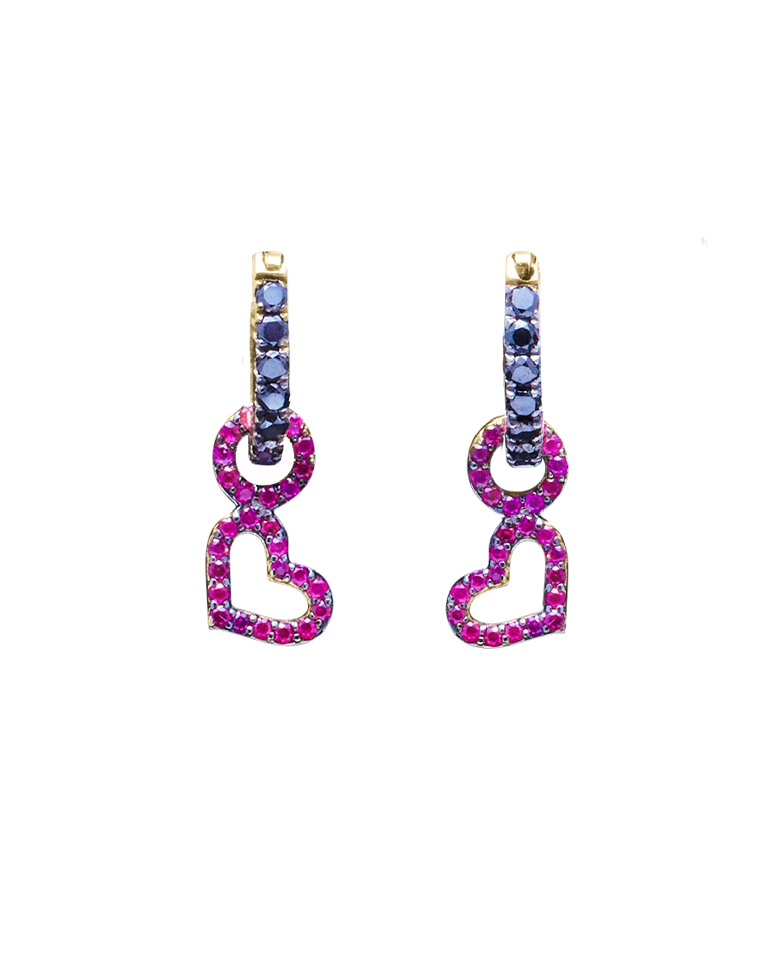 BLACK DIAMOND HOOPS WITH RUBY HEART CHARMS