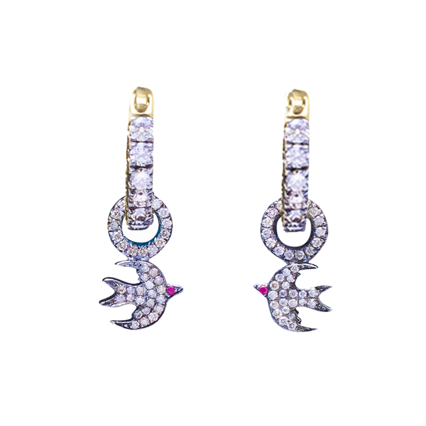 CHAMPAGNE DIAMOND HOOPS WITH CHAMPAGNE DIAMOND BIRD CHARMS