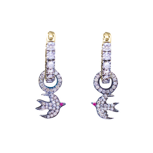 CHAMPAGNE DIAMOND HOOPS WITH CHAMPAGNE DIAMOND BIRD CHARMS