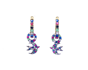 MULTI COLORED HOOPS WITH MULTI COLORED BIRD CHARMS