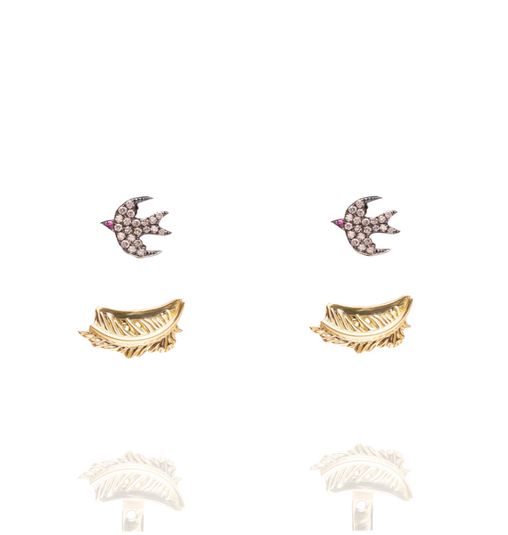 BIRD STUD EARRINGS WITH FEATHER JACKETS