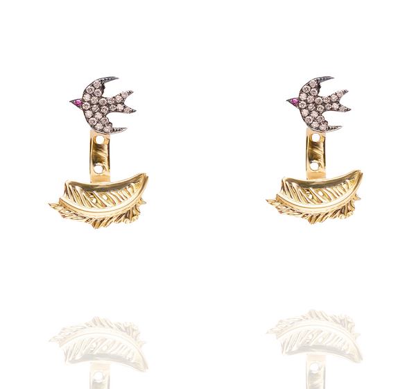 BIRD STUD EARRINGS WITH FEATHER JACKETS