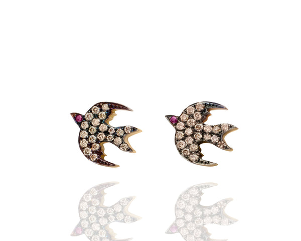BIRD STUD EARRINGS WITH FEATHER JACKETS